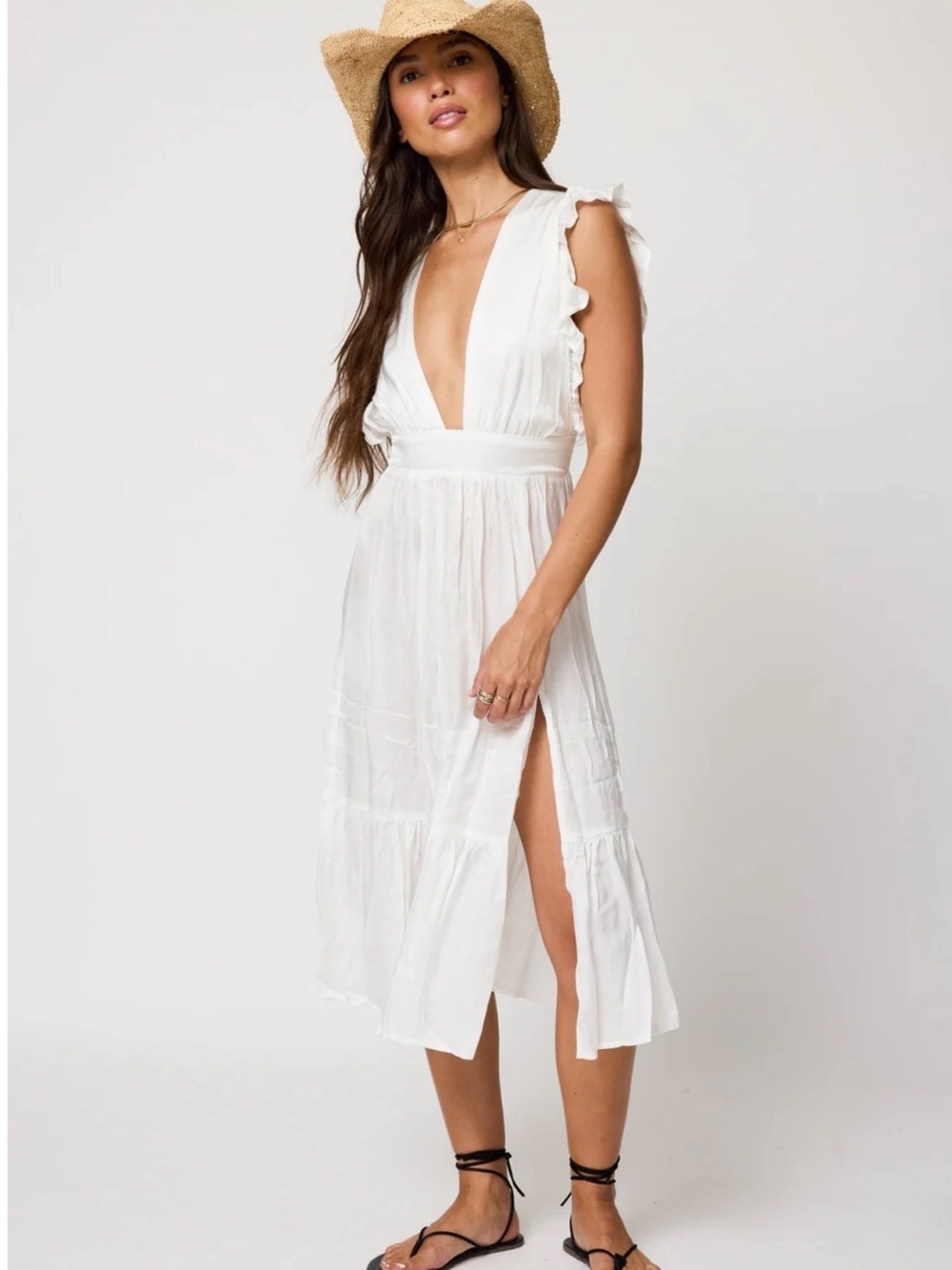Plunging V-Neck White Ruffle-Shoulder Midi Dress